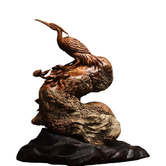 天然木彫り置物「鶴と蓮」35cm