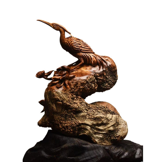 天然木彫り置物「鶴と蓮」35cm